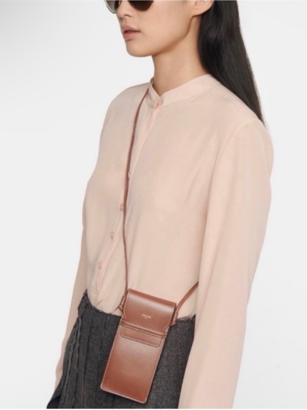 Celine Brown Leather Crossbody Phone Pouch with Gold Logo